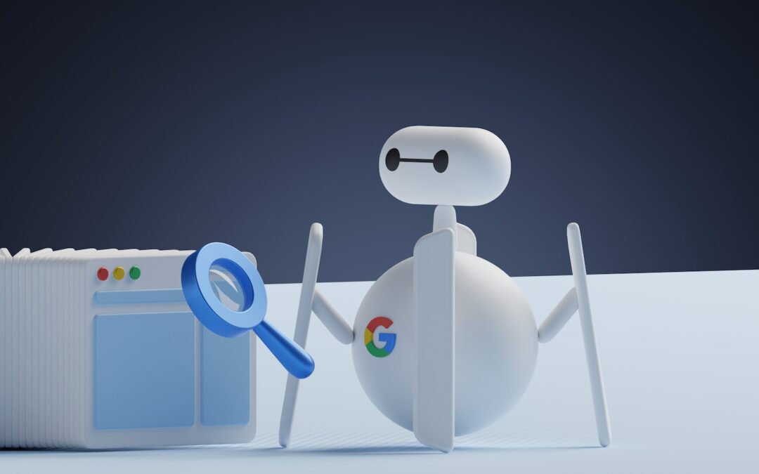 A white google spider robot holding a magnifying glass next to a white box